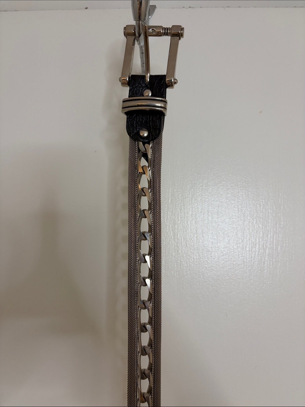 Black Leather and Silver Chain Men's Belt